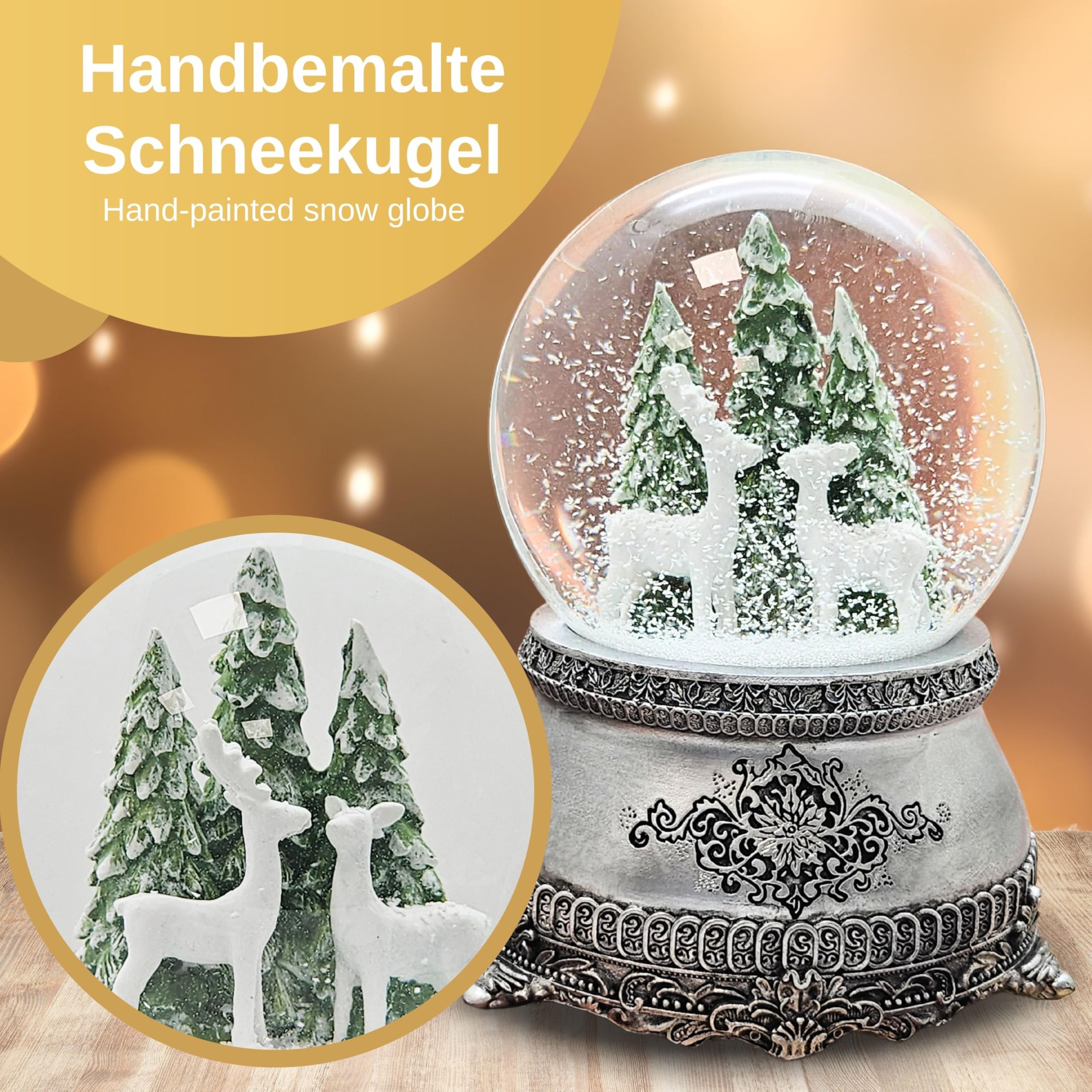 Schneekugel Hüttenzauber 2 weiße Rehe vor Tannenbaum | Sockel Zinnoptik Ornamente | mit Spieluhr | Schüttelkugel Weihnachtsdekoration | B: 10 cm H: 14 cm | 20253