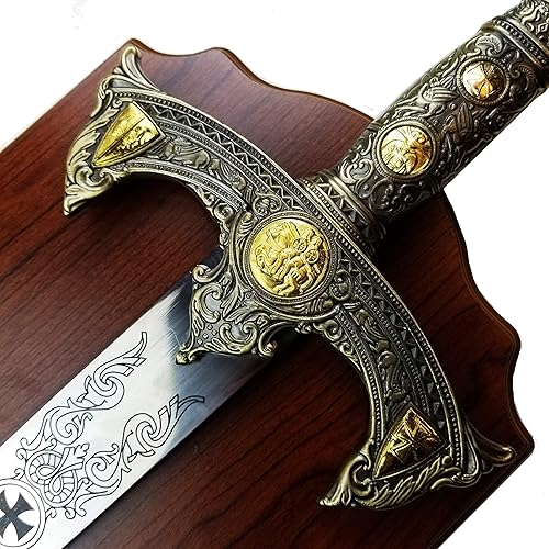 Miniatura 5 de Espada medieval cruzada de 45 pulgadas con placa de exhibición de pared. para decoración de pared, colección, cosplay