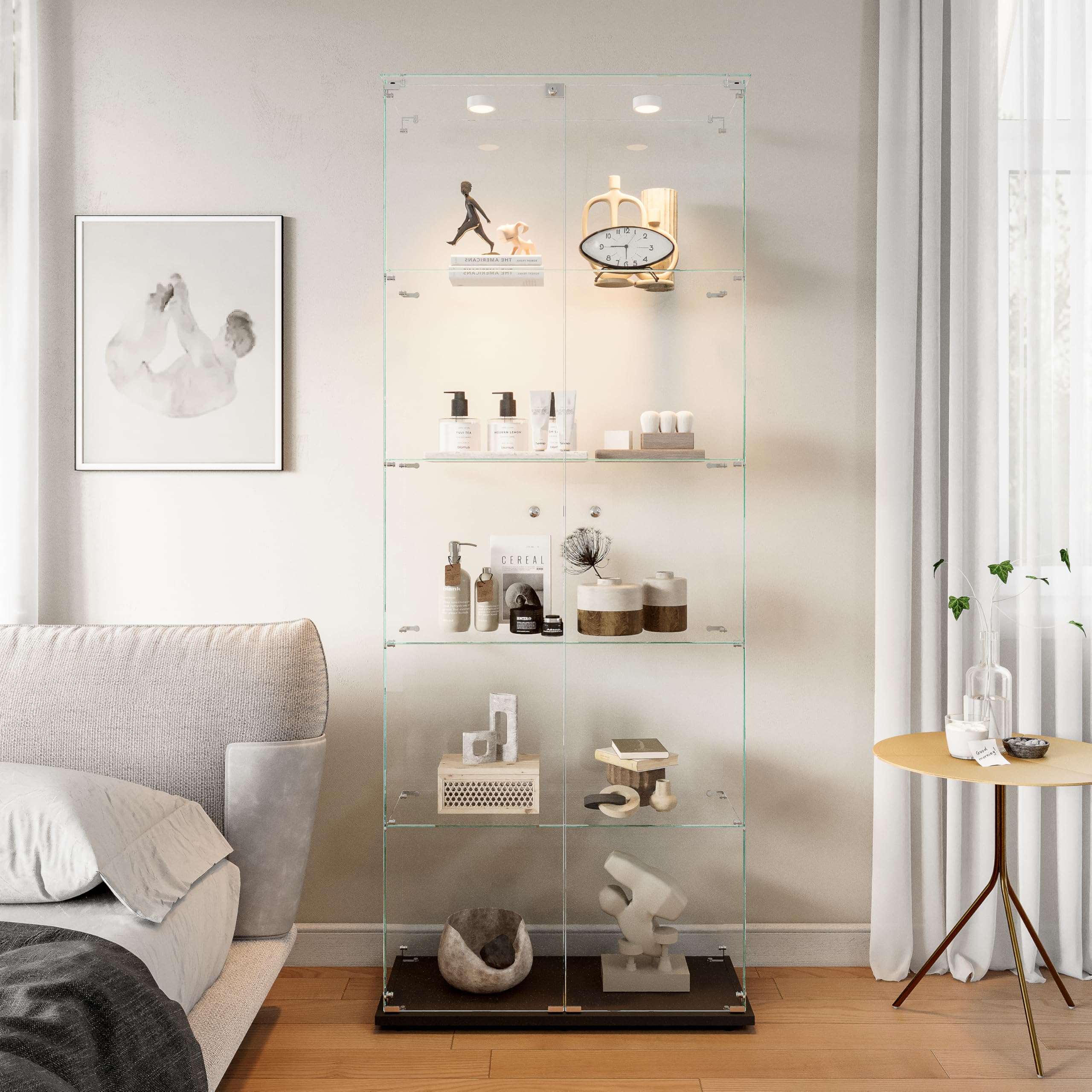 DADEA Vitrina de cristal con LED RGB,vitrina de cristal de pie con cerradura de 5 capas, 2 puertas, vitrina de cristal, vitrina para salón, bar, oficina, 78,5 x 34,5 x 186,5 cm