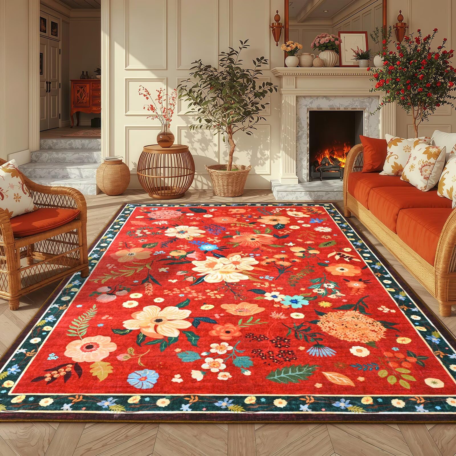 Macgace 5x7 Floral Rug for Girls Bedroom, Machine Washable Area Rugs with Non Slip Backingfor Living Room, Cute Flowers Carpet Kitchen Dining Room Kids Playroom Decor, Red — image 1