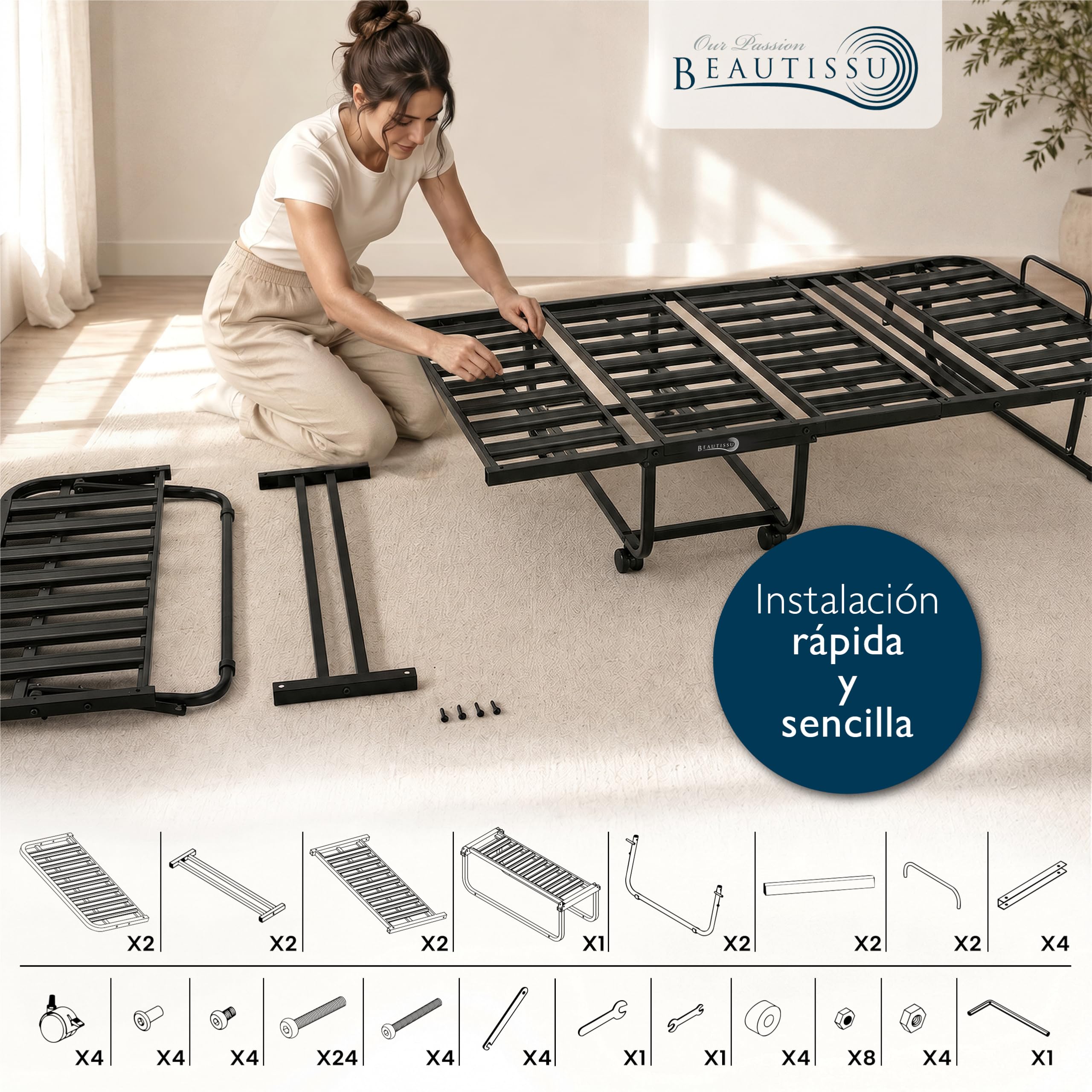 Beautissu Cama Plegable Auxiliar con colchón Espuma viscoelástica Adultos | 90x200cm de 13cm para hasta 250 kg freno funda ahorro espacio Ruedas invitados supletoria invitados Traumkraft L