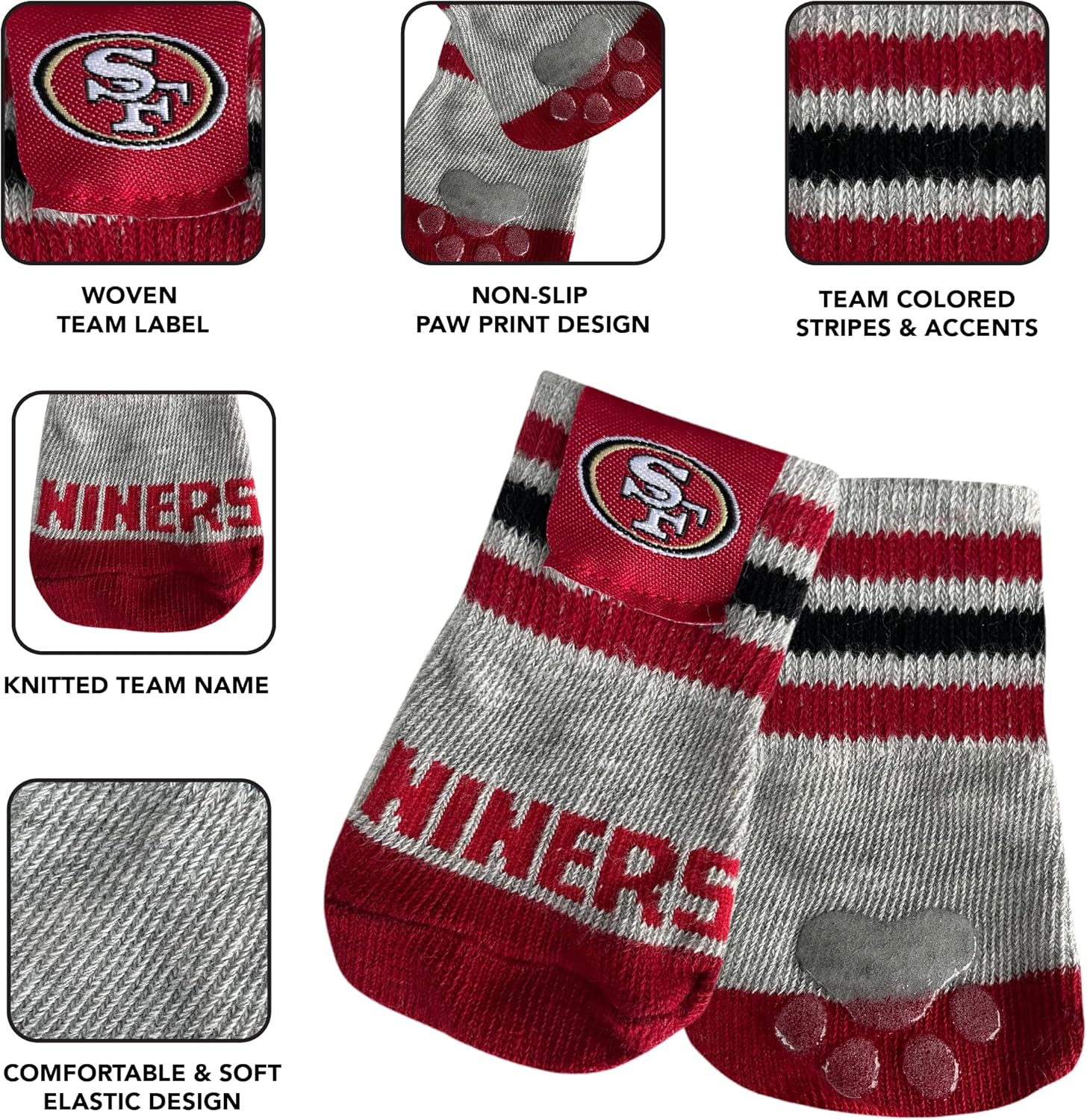 NFL SAN Francisco 49ERS Anti Slip Dog Socks with Elastic Ribbed Top, Size X-Small/Small. Indoor/Outdoor Socks, Best Dog Paw Protector, 2 Pairs, Cool Puppy Supplies with NFL Logo of 49ERS Team