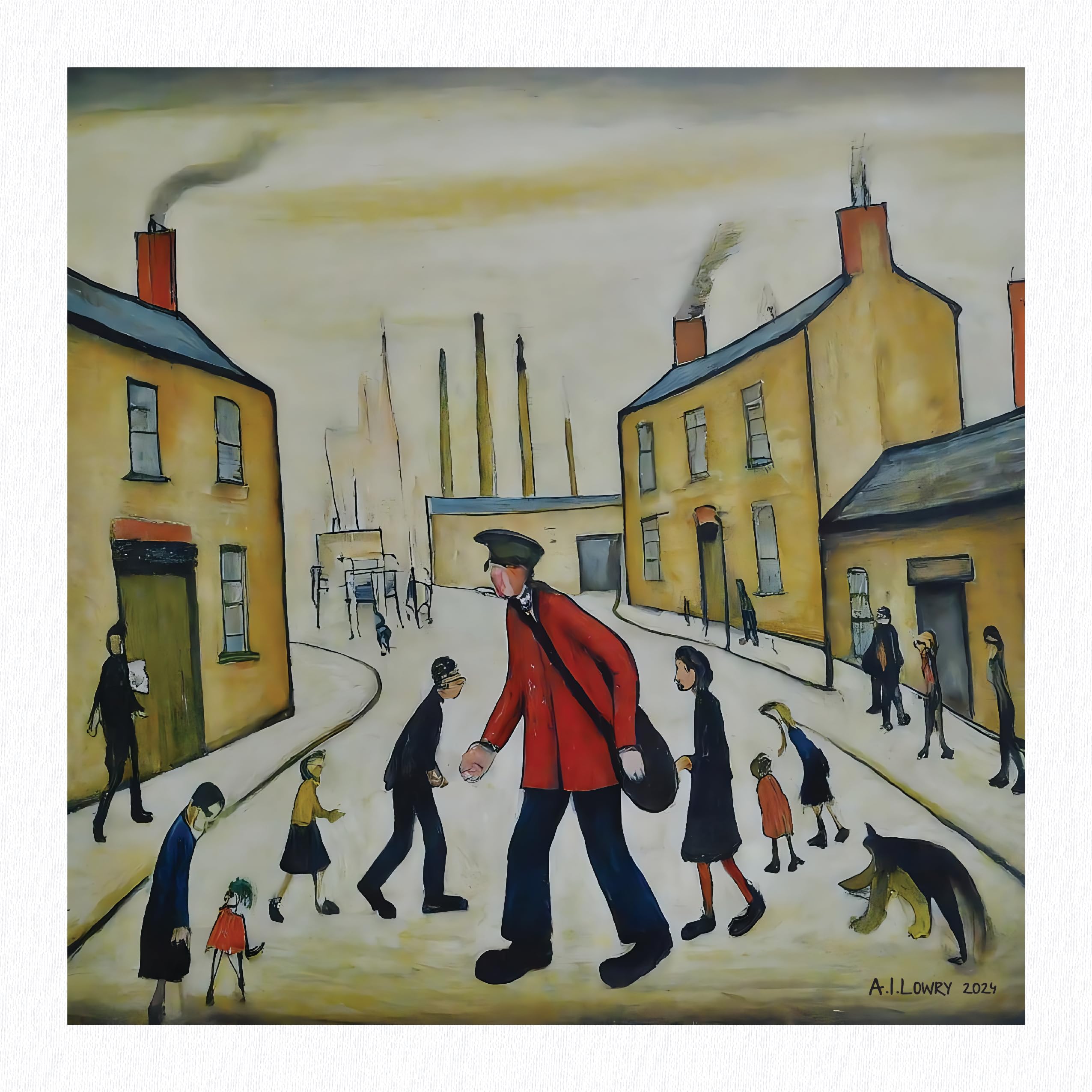 Greetingles Lowry Inspired Giclée Art Print 21cm/8.25" Square. Made in UK. (A Postman's Round)