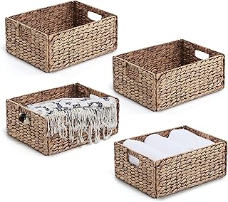 Woven Baskets for Storage Natural Wicker Hyacinth Storage Basket with Firm Built-in Handles, Multifunction Handwoven Basket for Organizing Kitchen/Bathroom/Laundry Room/Wardrobe/Living Room (4, 11.8''W x 15.2''L x 6.5''H)