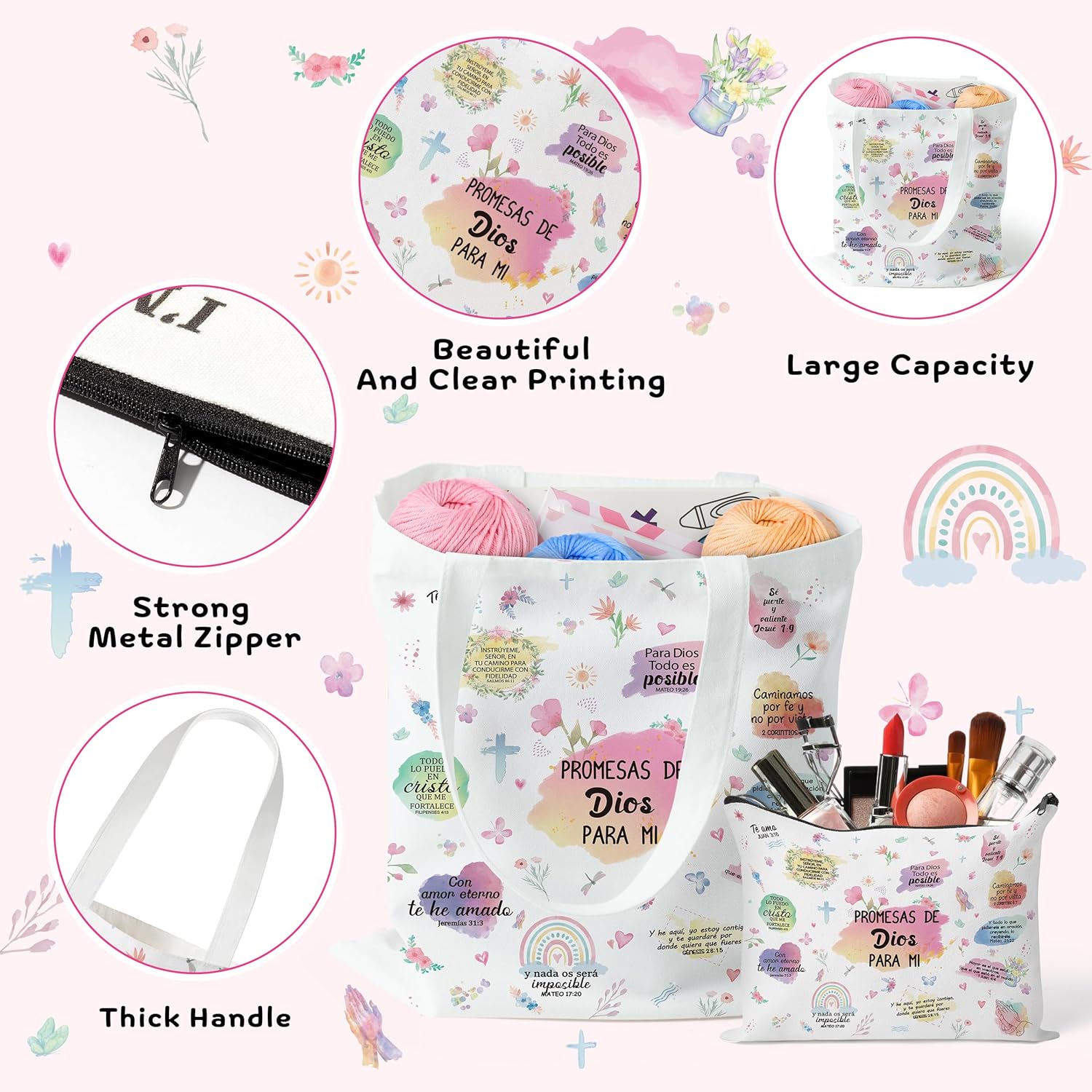 Y1tvei Spanish Christian Gifts For Women - 3Pcs Promesas De Dios Para Mi Spanish Bible Verse Canvas Tote Bag with Keychain Inspirational Christian Religious Makeup Bag Spiritual Catholic baptism Gifts - Image 4