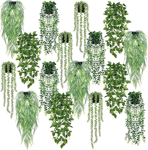 Miniatura 8 de Jexine 8 plantas colgantes artificiales con maceta, plantas falsas en maceta, plantas falsas de plástico, plantas falsas de eucalipto sintético,
