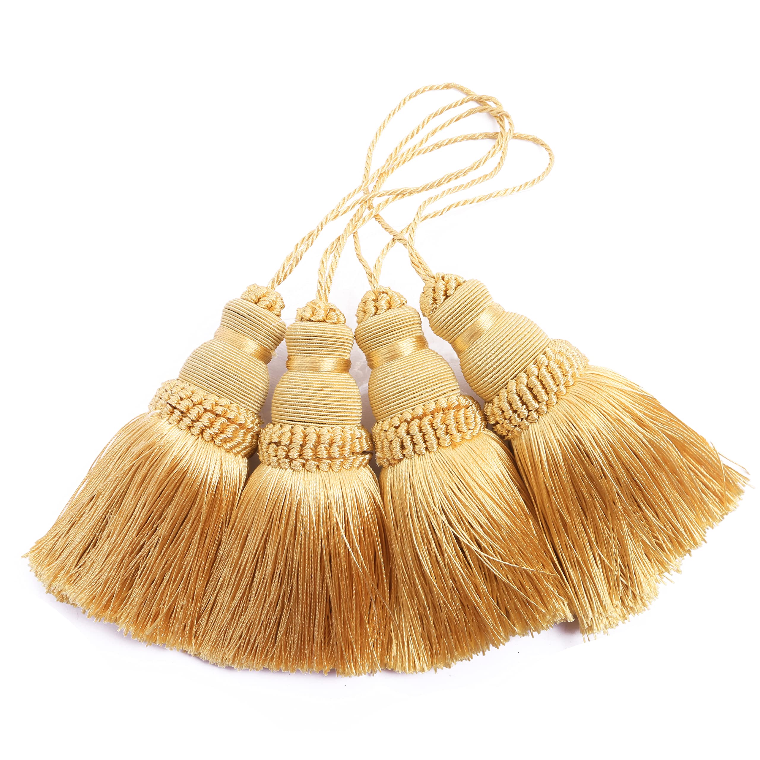 BEL AVENIR 4Pcs Tassels Key Tassel with Loops Handmade Craft Charms DIY Accessories Elegant Soft Making Curtain Home Decoration (Gold, 4 pcs)
