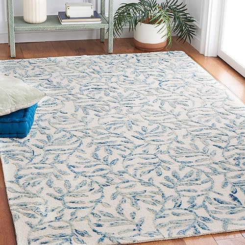Miniatura 1 de SAFAVIEH Jardin Collection - Alfombra decorativa de 4 x 6 pies, marfil y azul, hecha a mano, lana floral, ideal para zonas de alto tráfico en