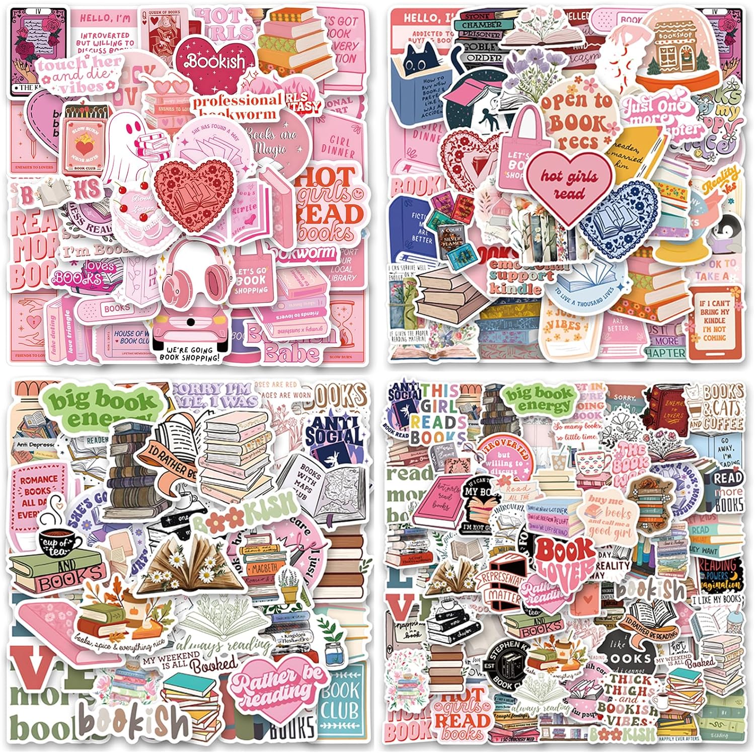 200PCS Pink Bookish Stickers,Book Stickers for Kindle,Laptop Computer Phone Water Bottle Waterproof Stickers Book Lover Gift（Bookish）