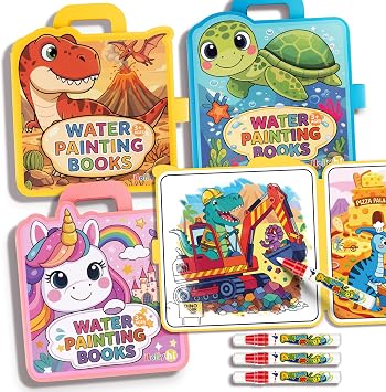 Hollyhi 30 Pages Reusable Water Coloring Books, 3 Pack Travel Toy for Kids | Potable Handle, Mess-Free, Magic Doodle Painting Busy Set, Toys for Age 3 4 5 6 7 8-11 12 Years Old Boys Girls Toddlers Gifts
