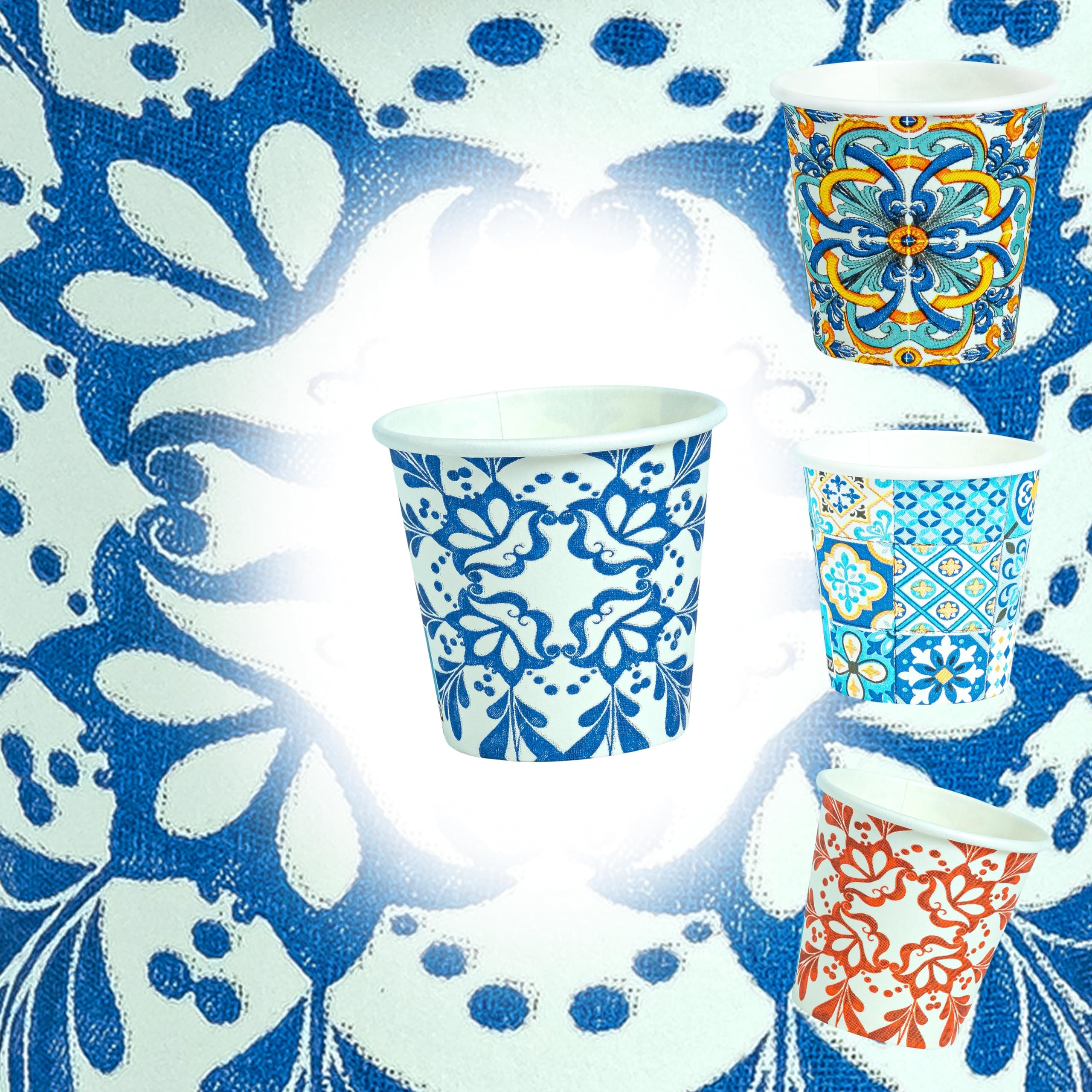 Bicchierini da Caffè 1000 Pezzi, Usa e Getta Biodegradabili 75 ml, Tazzine Caffè Espresso Monouso Compostabili Ecologiche in Carta, Resistenti, con Fantasie Maiolica, per Eventi, Feste, Catering, Bar