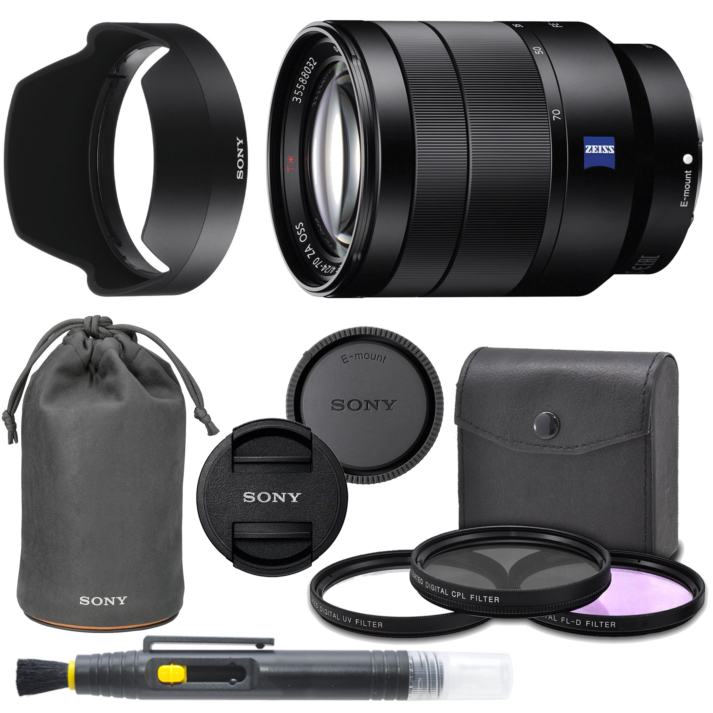 Sony Vario-Tessar T* FE 24-70mm f/4 ZA OSS Lens with Sony Lens Pouch, UV Filter, Circular Polarizing Filter, Fluorescent Day Filter, Sony Lens Hood, Front & Rear Caps - International Version