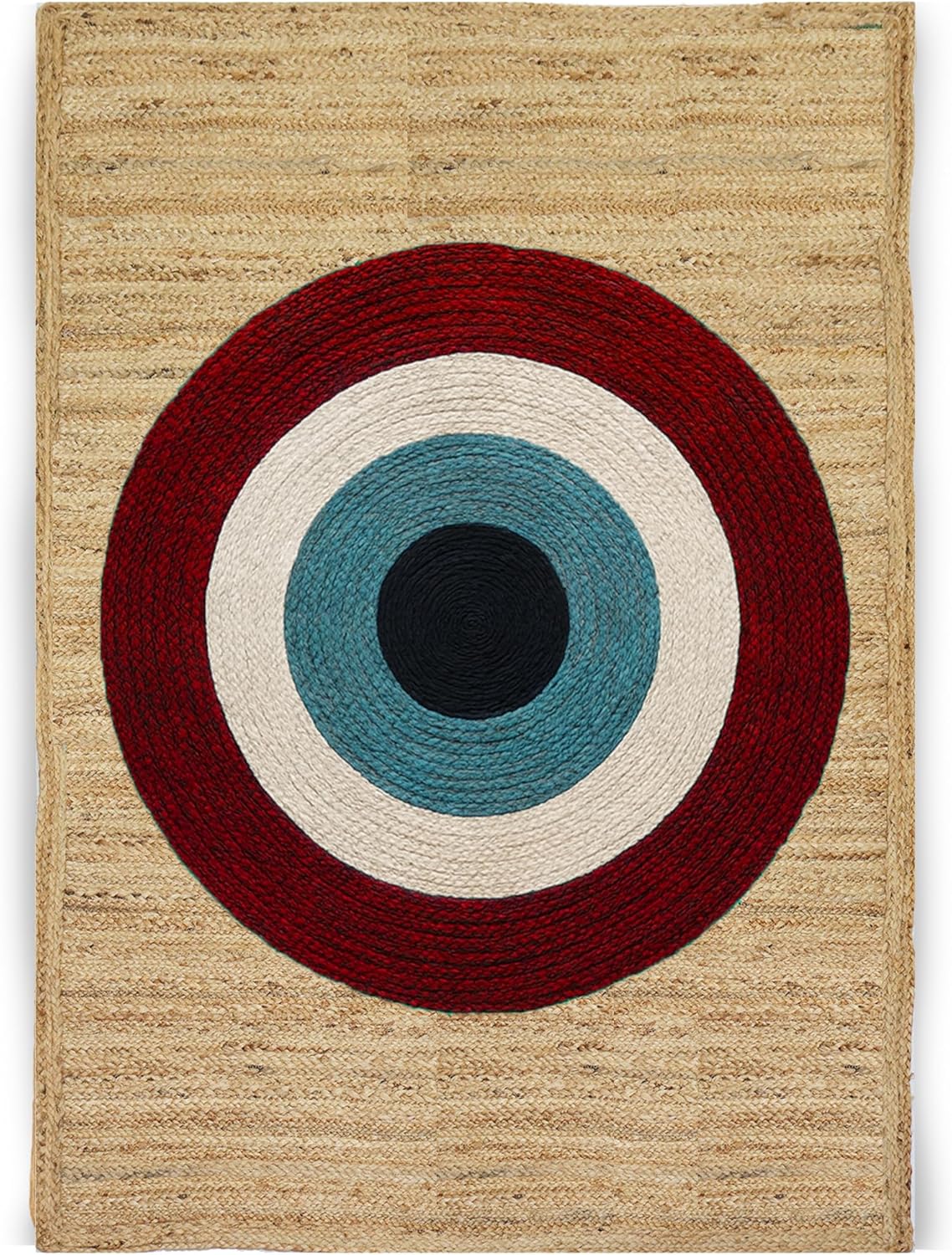 Heavy Material Handmade Jute Area Rug Natural Jute Kilim Rug 10x18 Thick 0.27" Geometric Red & Beige Evil Eye Rugs for Kids Room Bedroom Dining Table Farmhouse Decor Carpet