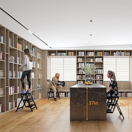 Miniatura 19 de KINGBO Taburete para adultos/escalera/silla de mostrador, taburete plegable de madera portátil de 3 escalones, antideslizante y ligero (tuerca -