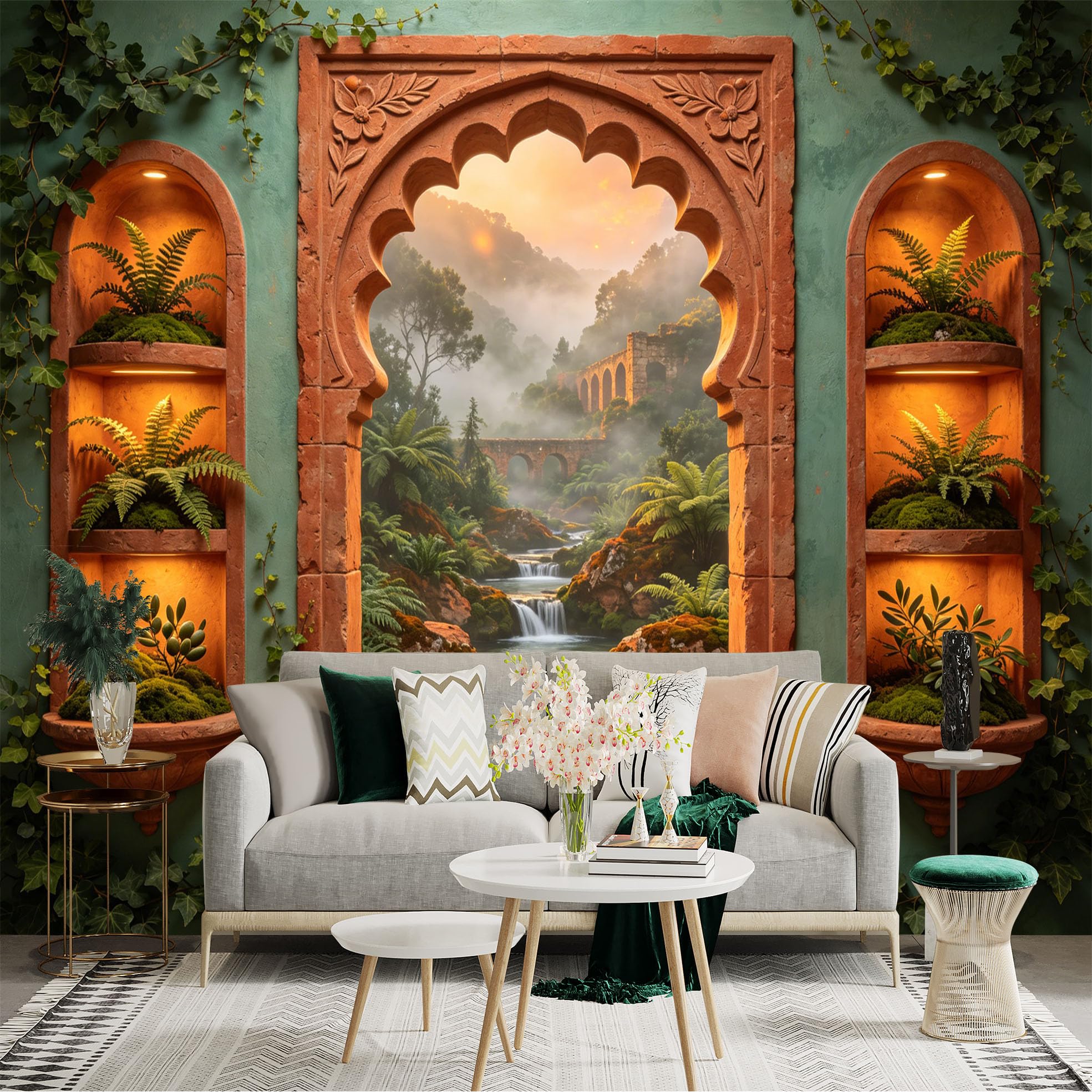 Custom Size Wall Sticker Mural， Ancient Archway with Waterfall， Lush Forest and Stone Bridge， for wall Decoration， peelandstick wall Decals.