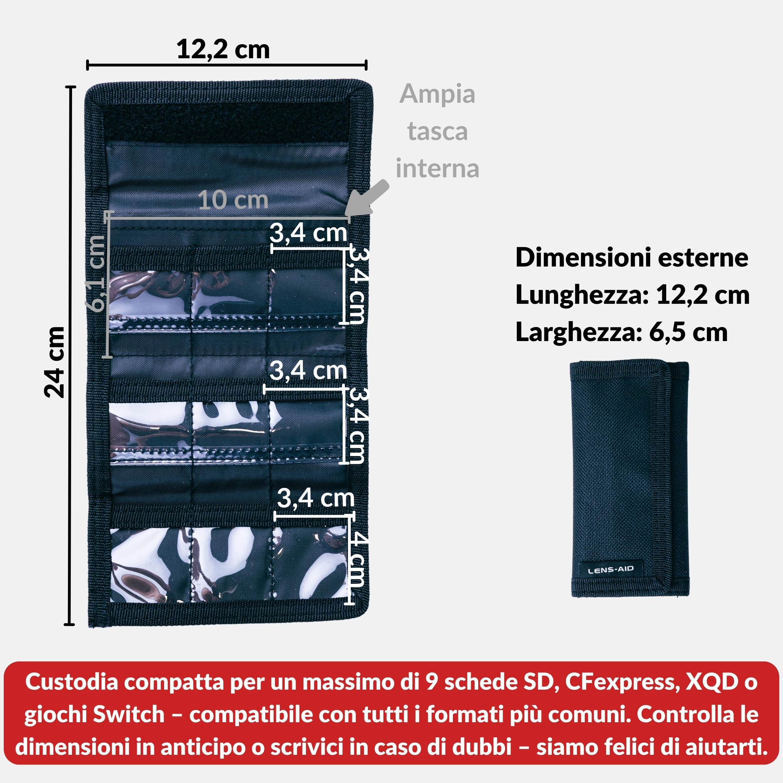 LENS-AID Custodia per schede di memoria SD: custodia compatta per un massimo di 9 schede SD, CFexpress, XQD, Switch Games. Custodia in robusto tessuto di nylon con chiusura in e passante