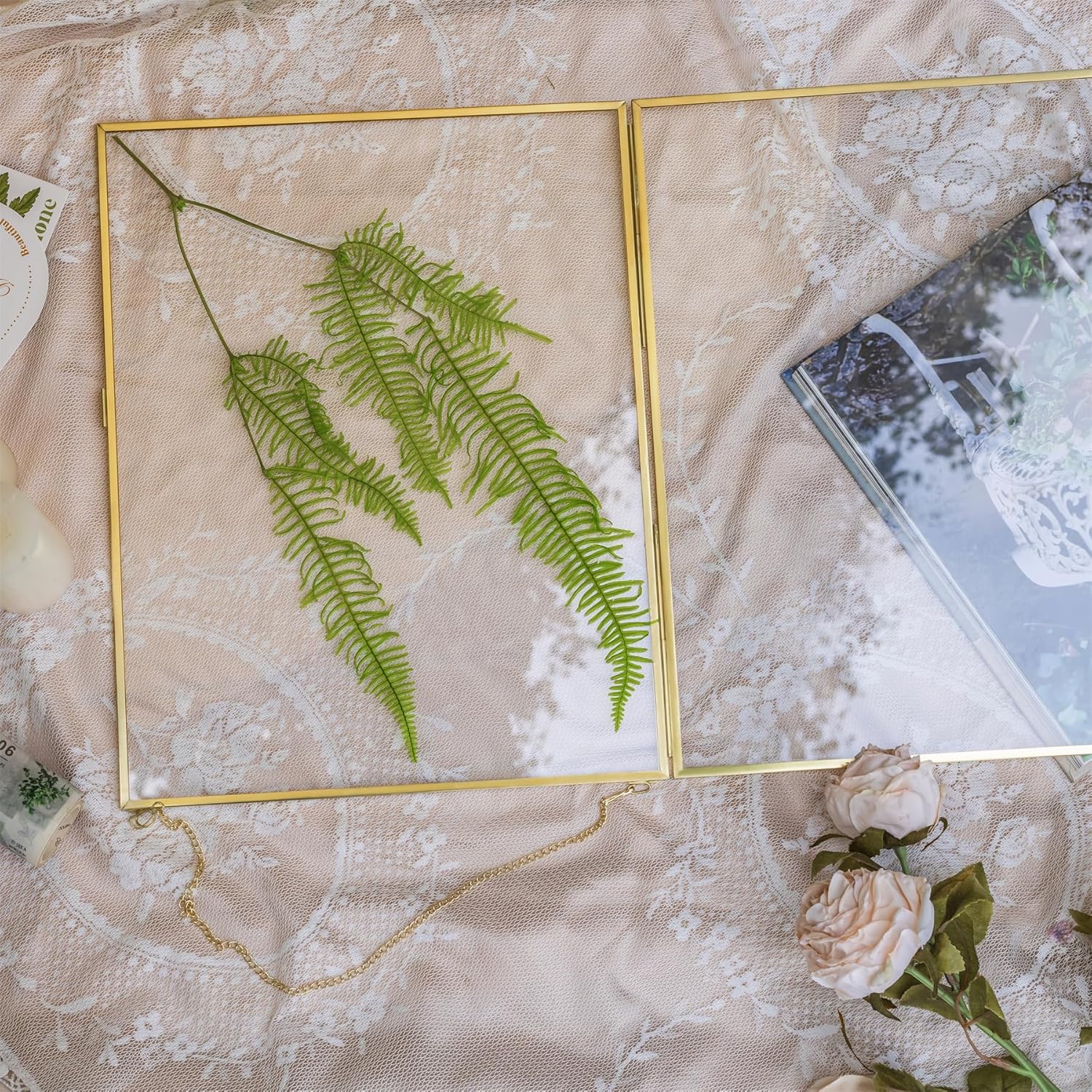 NCYP 11 x 14.1 Inches Double Glass Floating Frame for Artwork Photo, Certificate, Picture, Pressed Dried Flower Plant, Home Wall Hanging Decor, Large, Gold (Glass Frame Only)