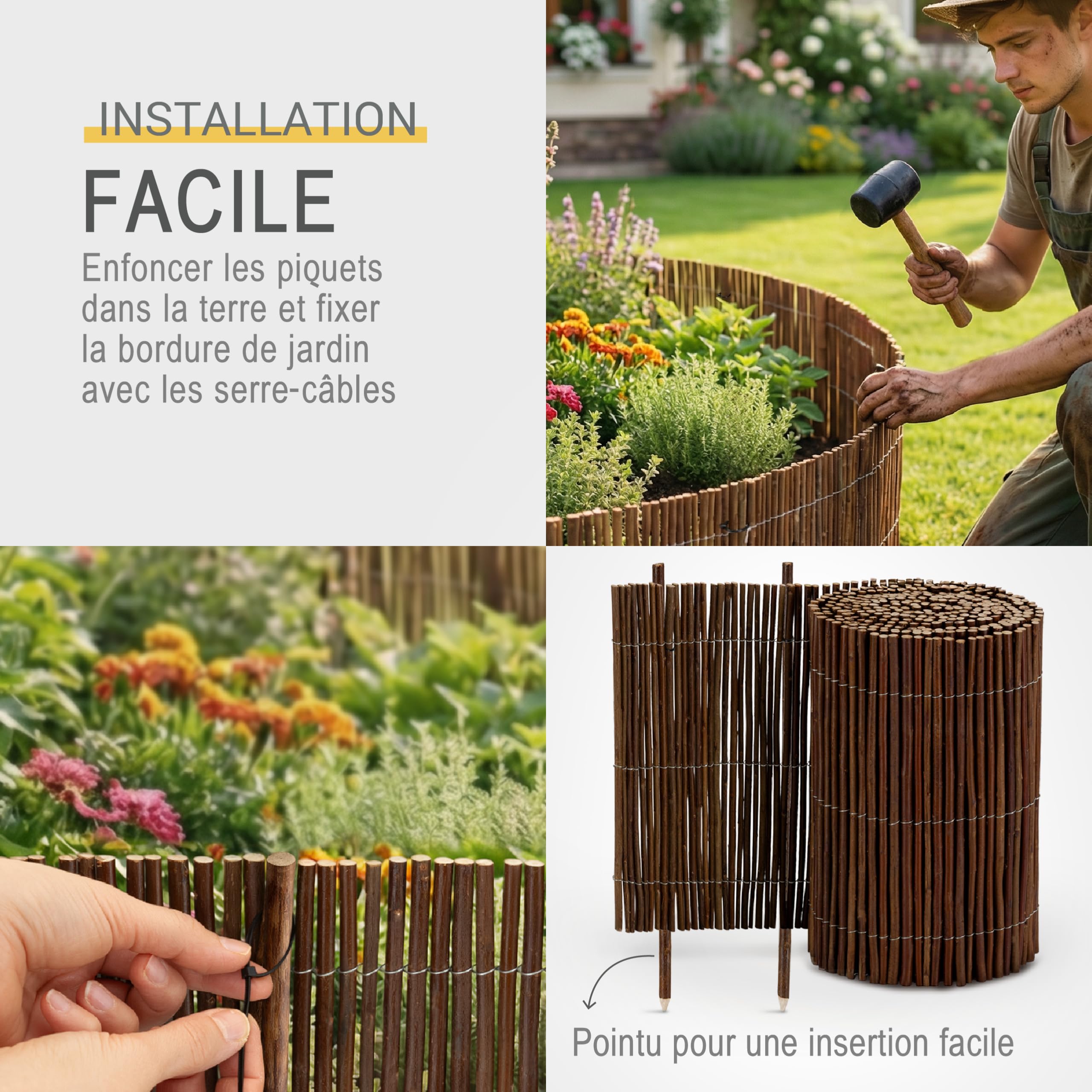 Sol Royal Bordure Jardin Exterieur 30x300 cm – Palissade Cloture Bordure Jardin Exterieur Bois Flexible avec 7 Piquets & 14 Serre-câbles – WB79