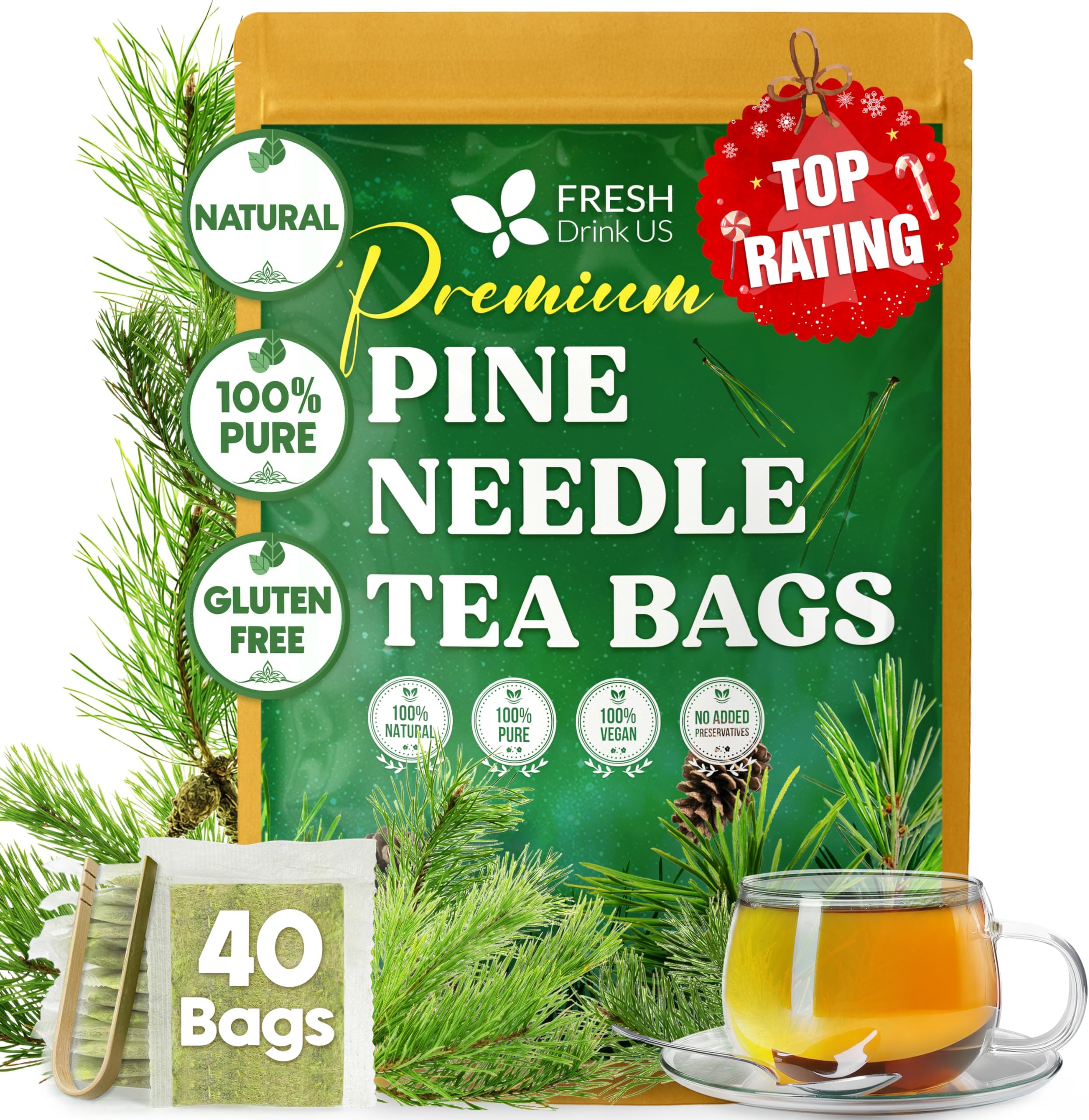 FreshDrinkUS, Pine Needle Tea Bags – 40 Tea Bags, Naturally Caffeine-Free, Refreshing Herbal Tea, Wild-Harvested Pine Leaves, Aromatic and Soothing – Non-GMO & Eco-Friendly Packaging