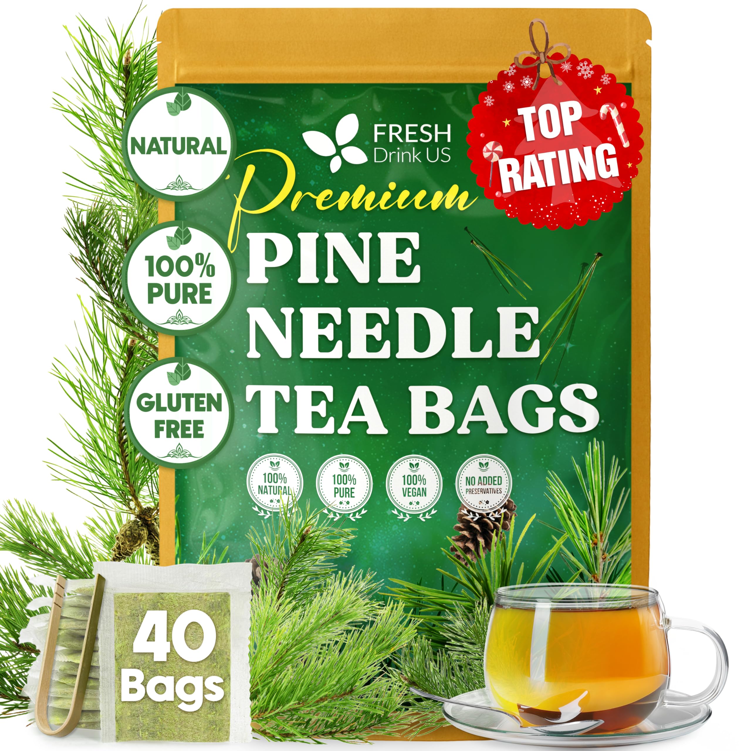FreshDrinkUS, Pine Needle Tea Bags – 40 Tea Bags, Naturally Caffeine-Free, Refreshing Herbal Tea, Wild-Harvested Pine Leaves, Aromatic and Soothing – Non-GMO & Eco-Friendly Packaging