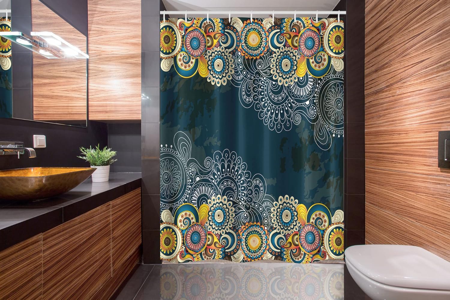 Ambesonne Psychedelic Stall Shower Curtain, Floral Bizarre Design Vintage Ornaments Leaves Paisley Pop Art Mandala Print, Fabric Bathroom Decor Set with Hooks, 54" W x 78" L, Blue Yellow