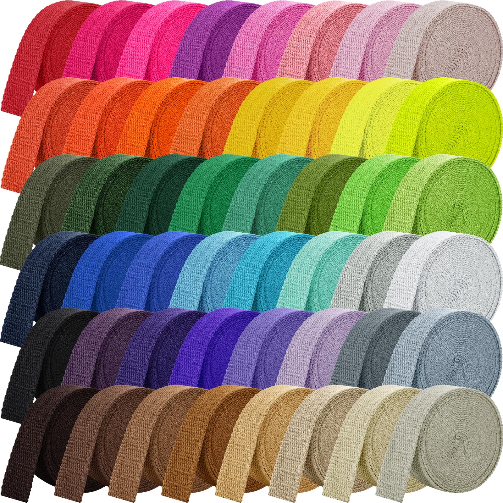 Windyun 48 Rolls Heavy Cotton Webbing 157.5 Yard 48 Color Mixed Polyester Cotton Webbing Strap Tote Bags Leash Straps for Making Bag Handles Cloth