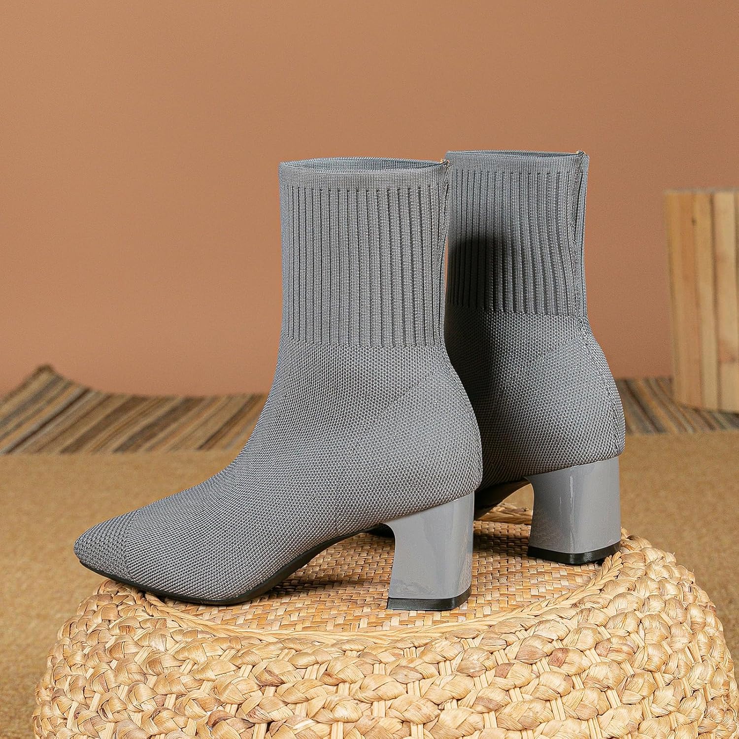 SWDZM Women's Knit Square Toe Ankle Boots Chunky Heel Breathable Stretchy Casual Short Boots