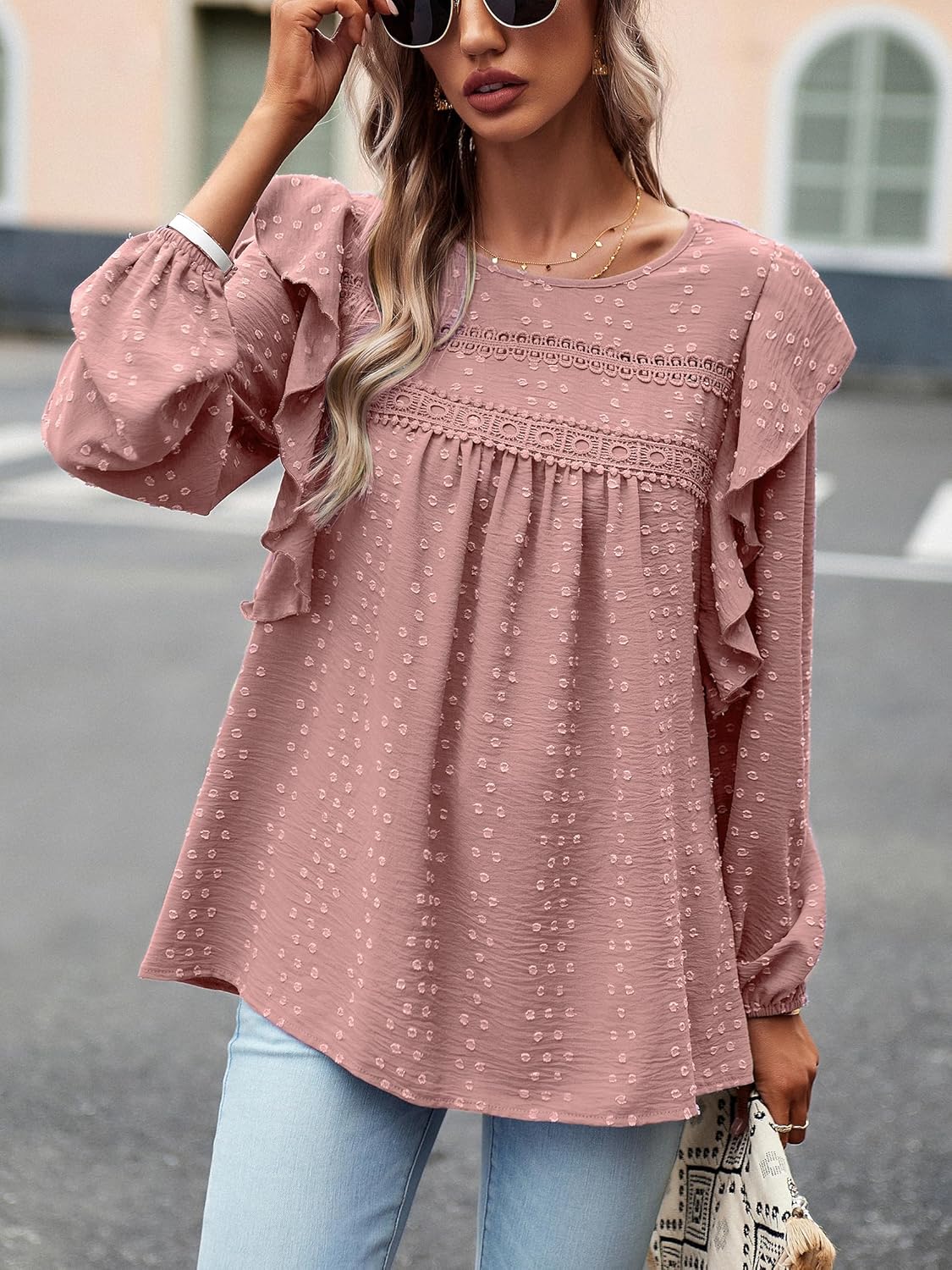 Women's Casual Tops Crewneck Lace Crochet Flowy Ruffle Shoulder Long Sleeve Blouses Shirts - Image 3