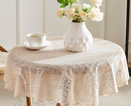 Miniatura 2 de Warm Home Designs Mantel de encaje de lino dorado. Mantel redondo grande de 70 pulgadas de diámetro. Mantel floral, mantel rústico o mantel bohemio