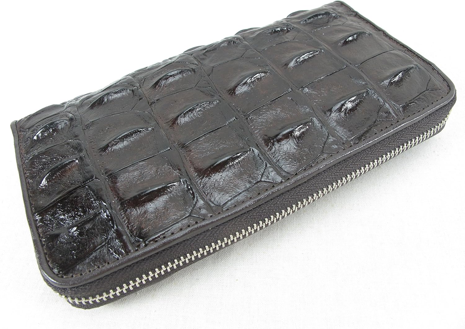 Genuine Crocodile Backbone Skin Leather Zip Around Long Wallet (Chocolate Brown)
