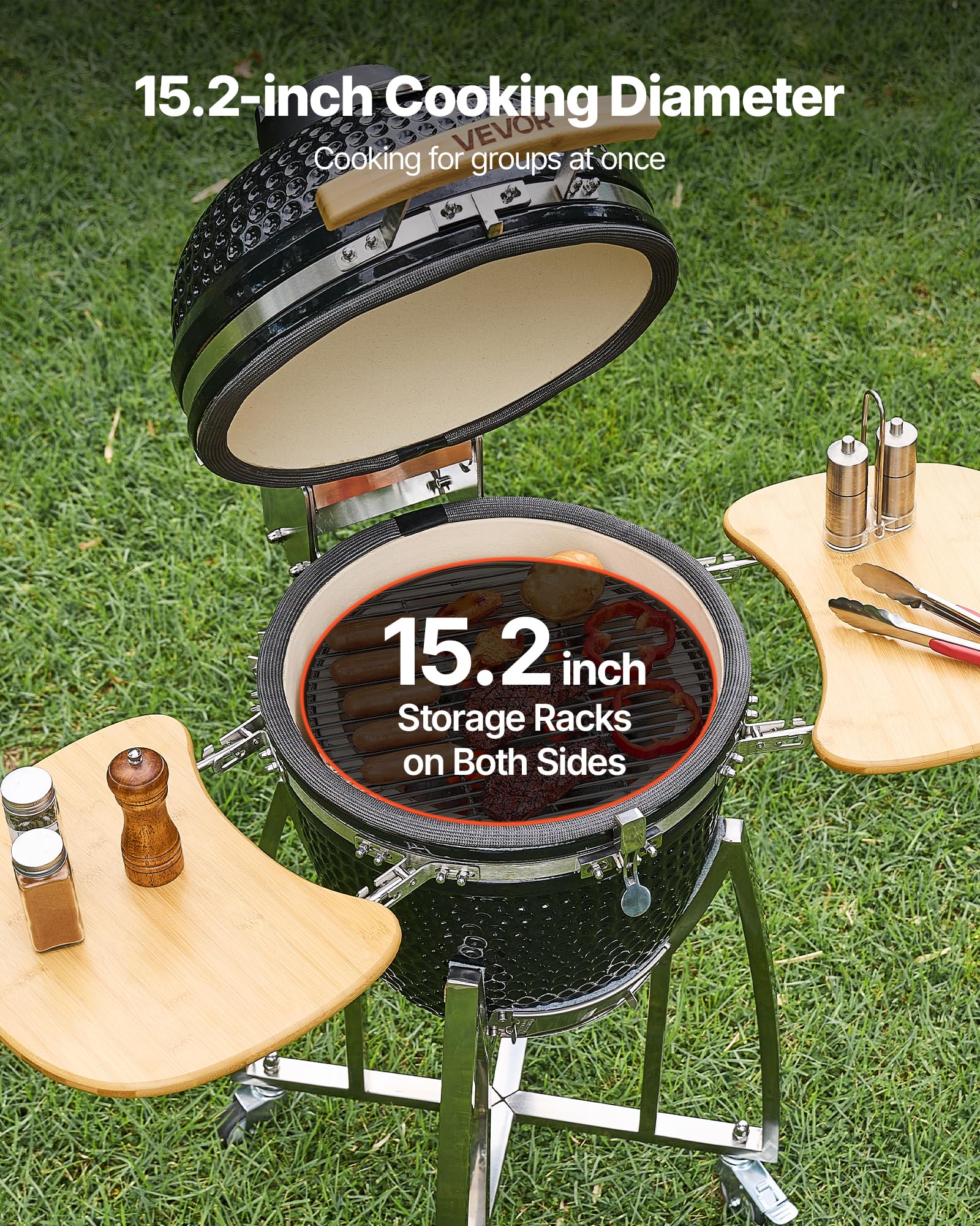 VEVOR Wędzarnia i grill na węgiel drzewny Kamado, 45 cm, ruchomy ceramiczny grill z 4 kółkami (2 zamykane), wbudowany termometr, otwory wentylacyjne i półka boczna do gotowania na zewnątrz na patio