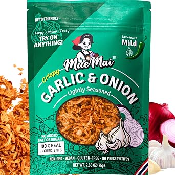 MaeMai Crispy Onion Garlic Flakes MILD Light Heat Crunchy Fried Onion & Garlic, Ramen Rice & Salad Topping, Gluten Free, Vegan, 3.17 oz 90g Bag