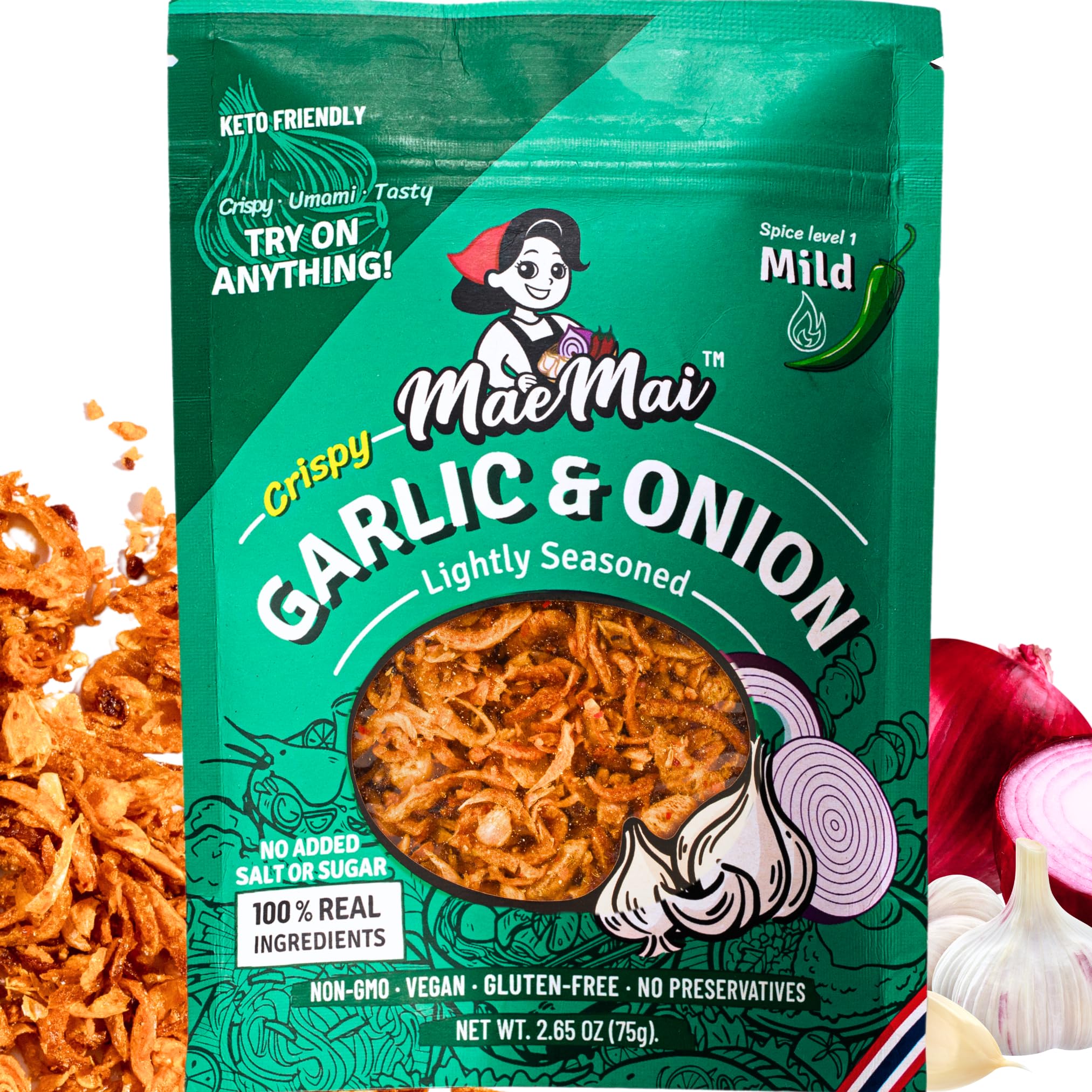 MaeMai Chili Crisp (MILD Spice) - Premium Onion & Garlic Flakes - Crispy All-Purpose Seasoning, Topper | Keto, vegan, gluten-free. Crunchy condiment for ramen add ons, rice seasoning, salads | 3.17 oz (90g)