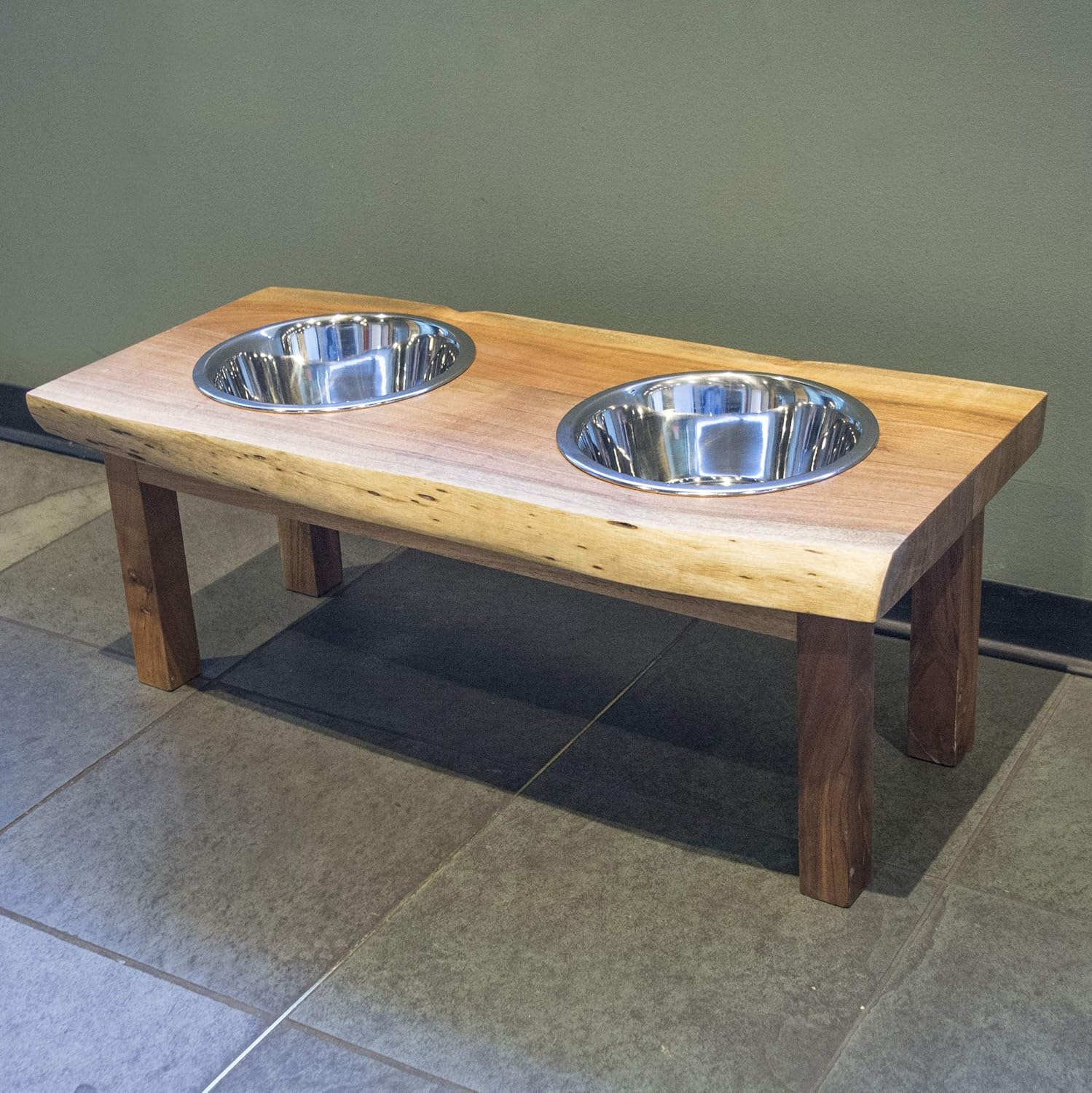 Buffalo Tools AWLDPF: Acacia Wood Live Edge Double Bowl Pet Feeder Stand