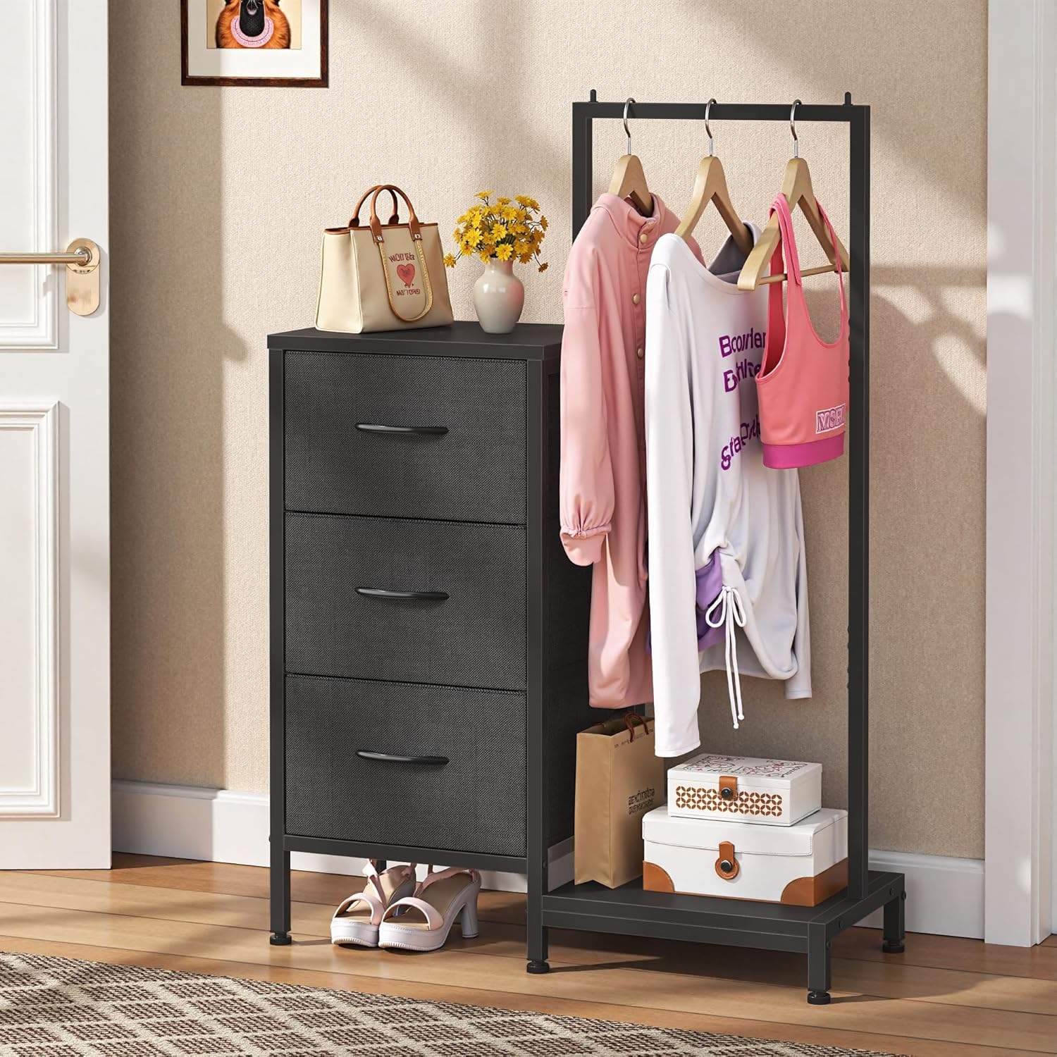 Dresser for Bedroom with Hanging Rack, 3 Drawers Dresser for Bedroom - Black