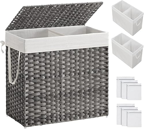 SONGMICS Cesta de ropa de 130L con tapa, 2 bolsas extraíbles con forro, 6 bolsas de malla, mimbre, canasta doble para ropa sucia para baño, 13 x 26