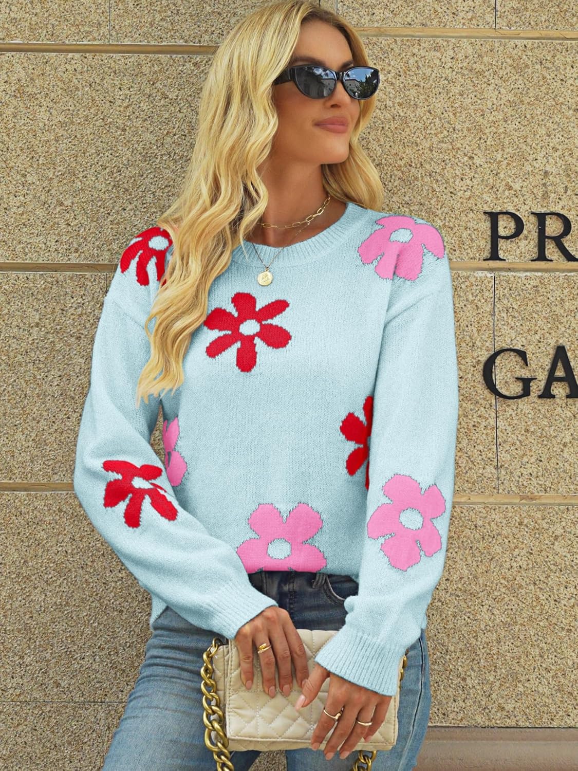 Womens Oversized Cute Flower Sweater Valentine Day 2026 Trendy Vintage Floral Knit Crewneck Pullover Tops - Image 6
