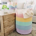 OrganiHaus Tall Rainbow Basket with Handles, Woven Cotton Rope Laundry Basket, Rope Baskets for Dirty Clothes,Towels and Blankets, Large Decorative Storage Bin for Bedroom - 38x45cm | Rainbow Pastel - Rainbow Cotton Rope Hamper, Nursery 52L