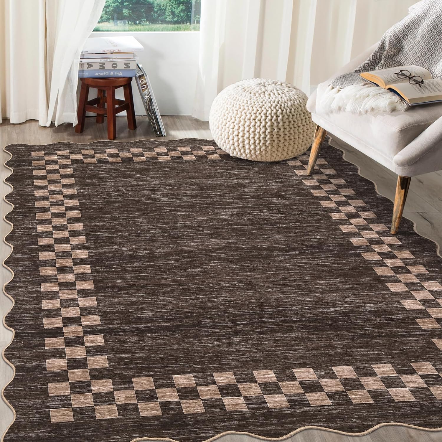 GarveeHome Area Rug 6x9 Large Living Room Modern Border Throw Rug with Rubber Backing Stain Resistant Dining Room Throw Carpet Washable Scalloped Rug for Bedroom Home Decor Office, Brown
