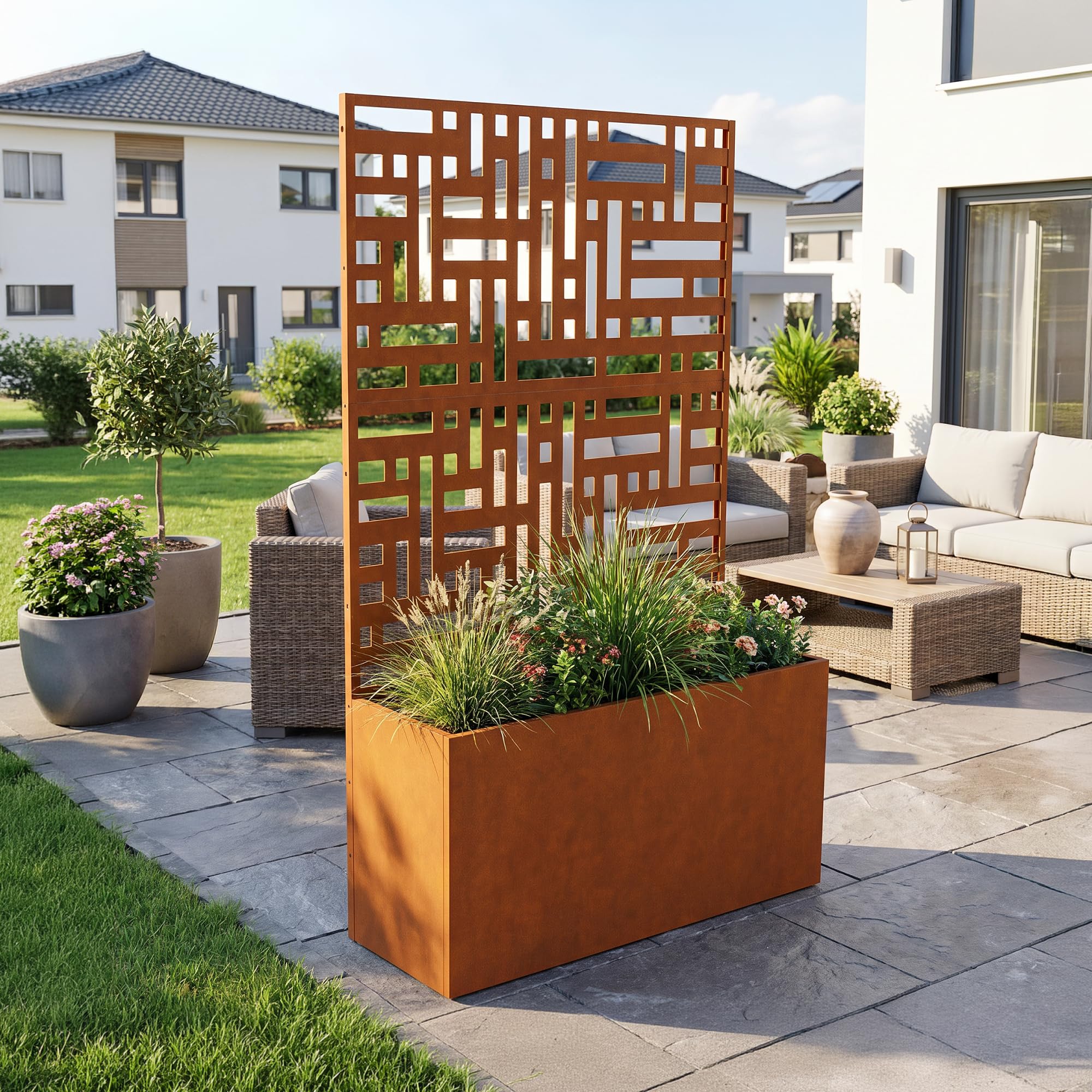 casa.pro Jardinière Brise-Vue Bernalda 146 x 83 x 31 cm Rouille | avec Roulettes Cloison de Séparation Paravent avec Bac à Fleurs Résistant aux UV et Intempéries Élégant Acier Corten