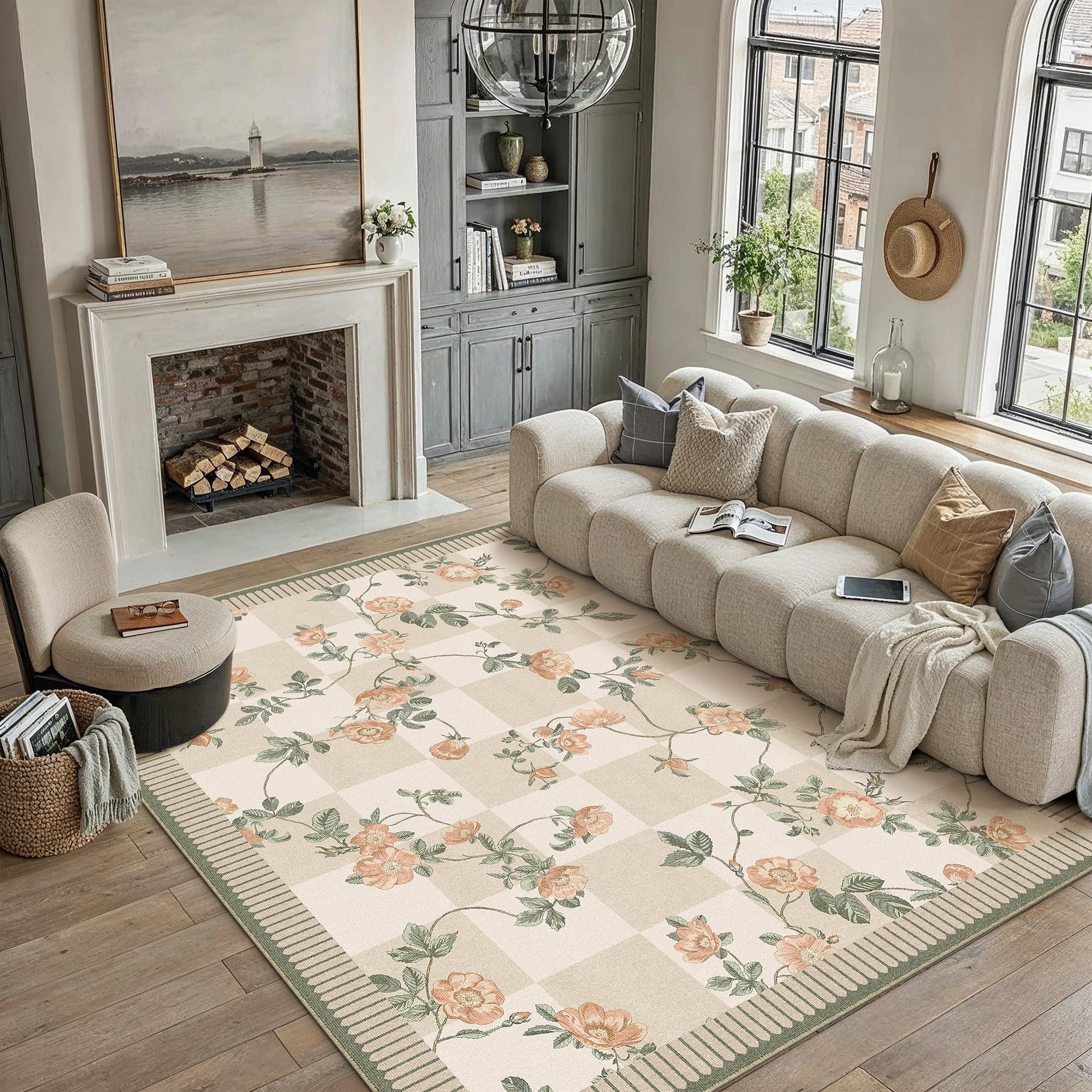PureCozy Waschbarer Teppich Wohnzimmer Vintage Böhmischen Kariert Flower Tepich
