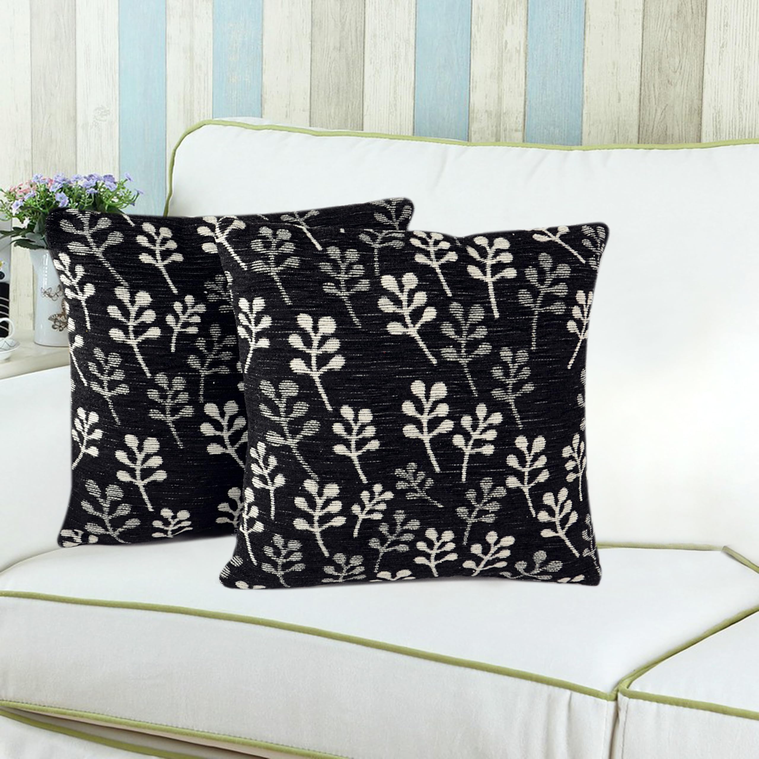 Saral Home Soft Micro Chenille Leafy Sofa Cushion Cover (Black, Set of 2 pc, 40x40 cm)