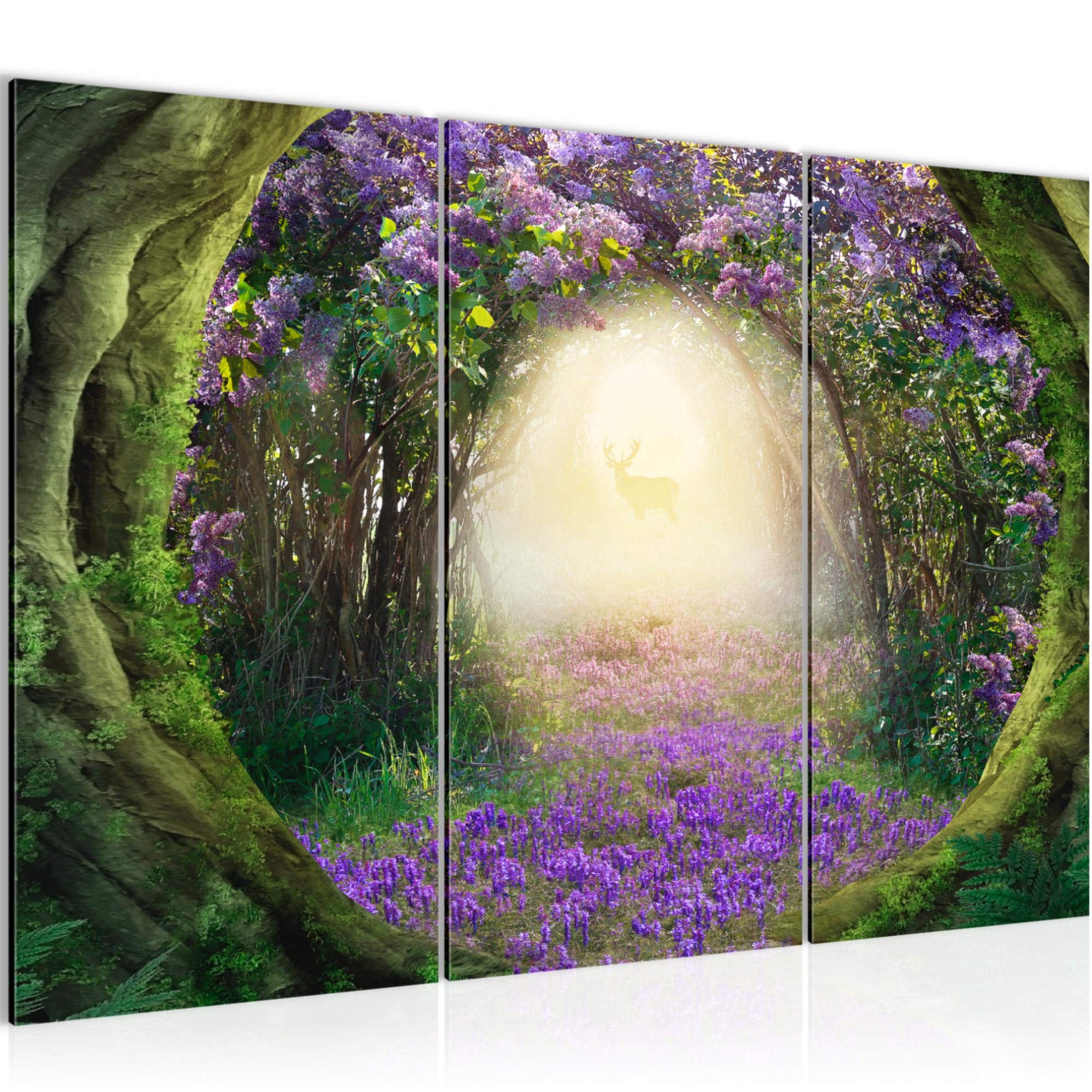 Impression Toile Forêt Tableau Forêt Cerf Runa Art - Impression Sur Toile 5  Parties, Décor Mural Nature Violet Et Vert Décoration Murale Nature, image size:2000x2000