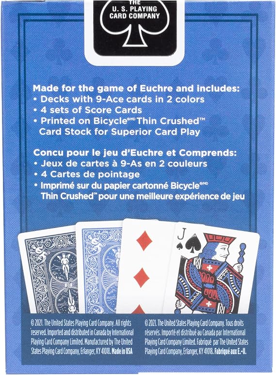 Bicycle Euchre Playing Card Deck 9 Through Ace Double Deck Blue | 2 pre-stripped Euchre decks 9 through Ace, 4 sets of blank scoring cards, Thin Crushed Cardstock, Air Cushion Finish