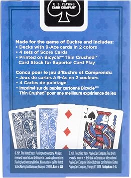Bicycle Euchre Playing Card Deck 9 Through Ace Double Deck Blue | 2 pre-stripped Euchre decks 9 through Ace, 4 sets of blank scoring cards, Thin Crushed Cardstock, Air Cushion Finish