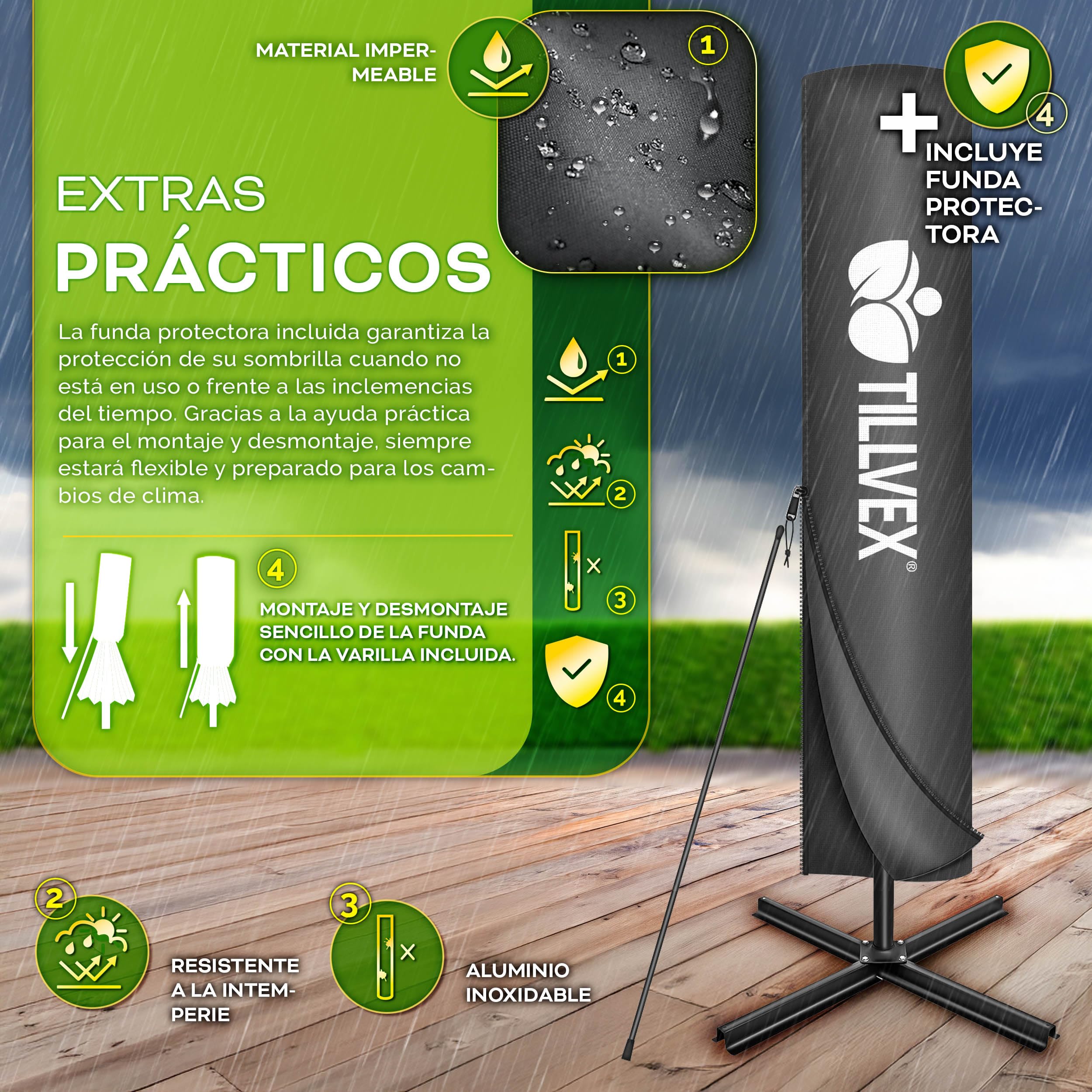 tillvex® Sombrilla de Jardín Rectangular Ø 330 cm con Manivela + Funda con Manivela | Sombrilla Terraza con Protección Viento | Parasol mercado impermeable + Protección UV