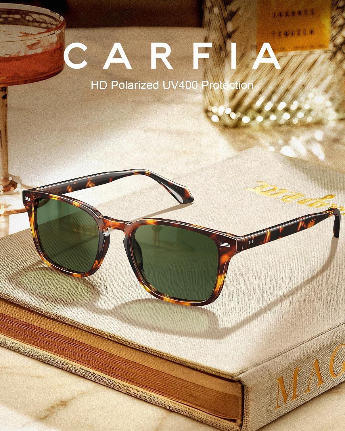 CARFIA Retro Men's Sunglasses Womens Polarized Classic Acetate Square UV400 Protection Driving Glasses