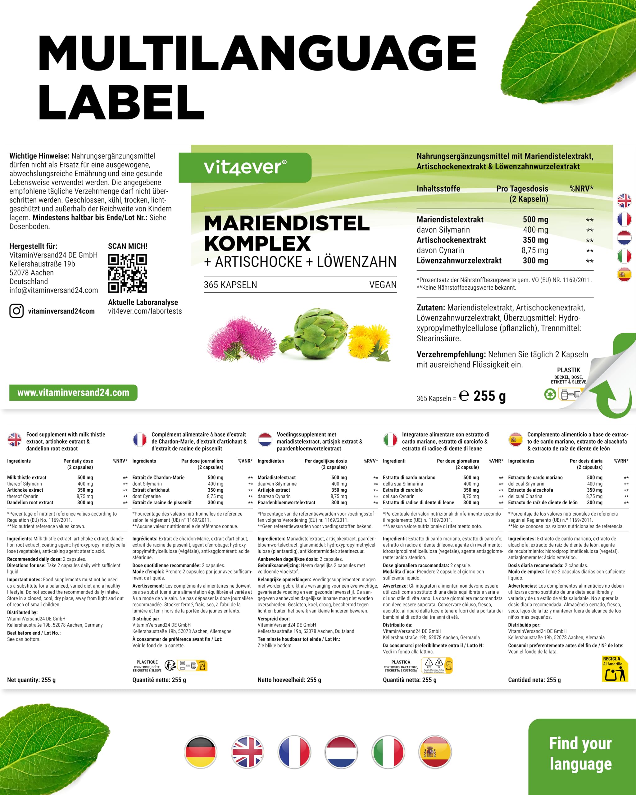 vit4ever Mariendistel Artischocke Löwenzahn Komplex - 365 Kapseln | 80% Silymarin, 2,5% Cynarin, laborgeprüft, vegan, hochdosiert