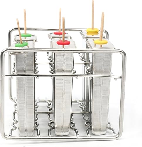 Miniatura 5 de Juego de 6 moldes y estantes de acero inoxidable para paletas  Máquina casera de golosinas de hielo con 50 palos de madera y 6 sellos de silicona y