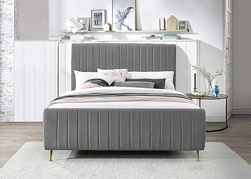 Vista 5 de Meridian Furniture Colección moderna Zara Cama tapizada de terciopelo contemporáneo con acolchonamiento de canal profundo y patas doradas a Gris